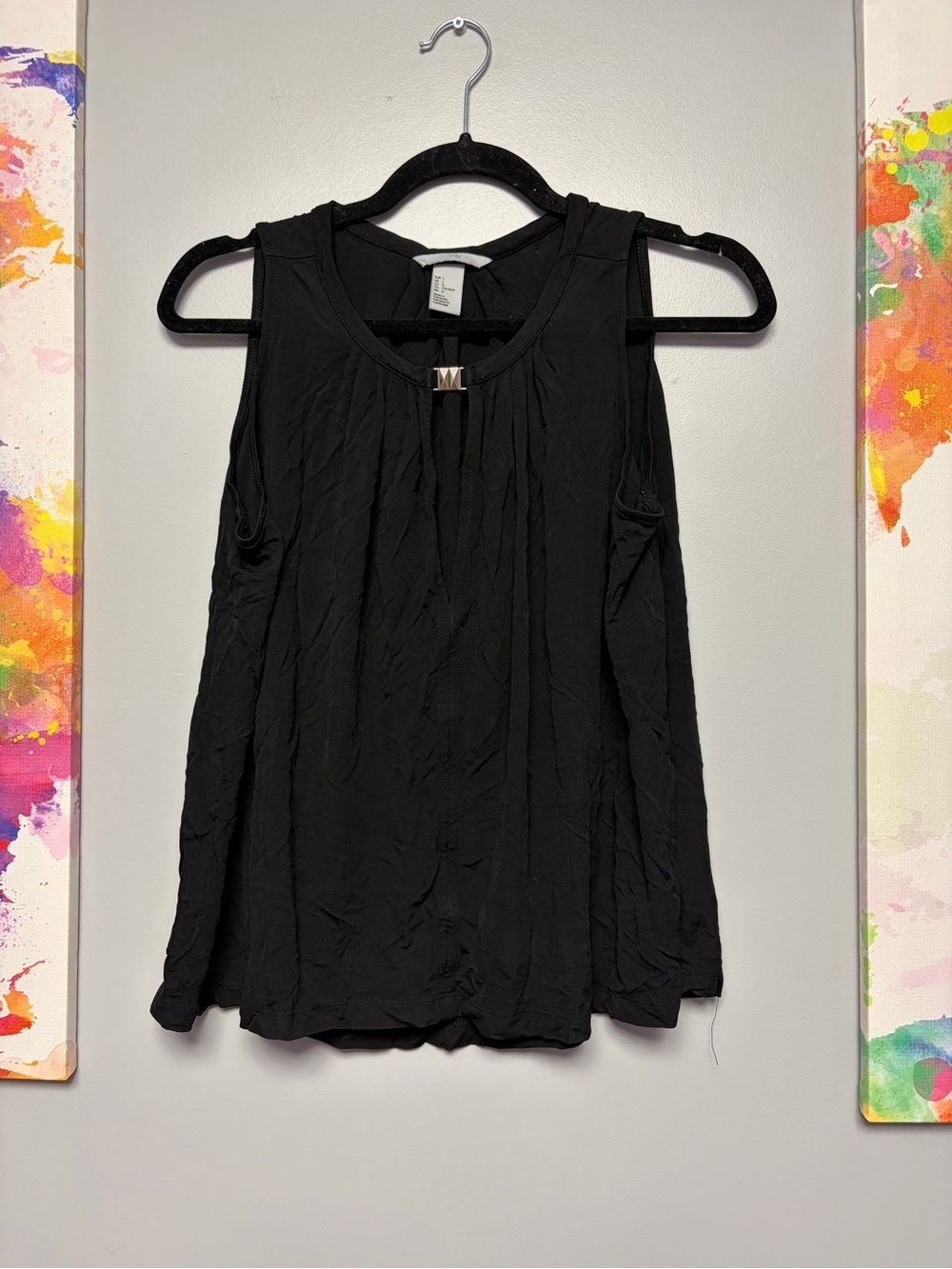 H&M Black Sleeveless Tank with Front Pleats and Metal Accent